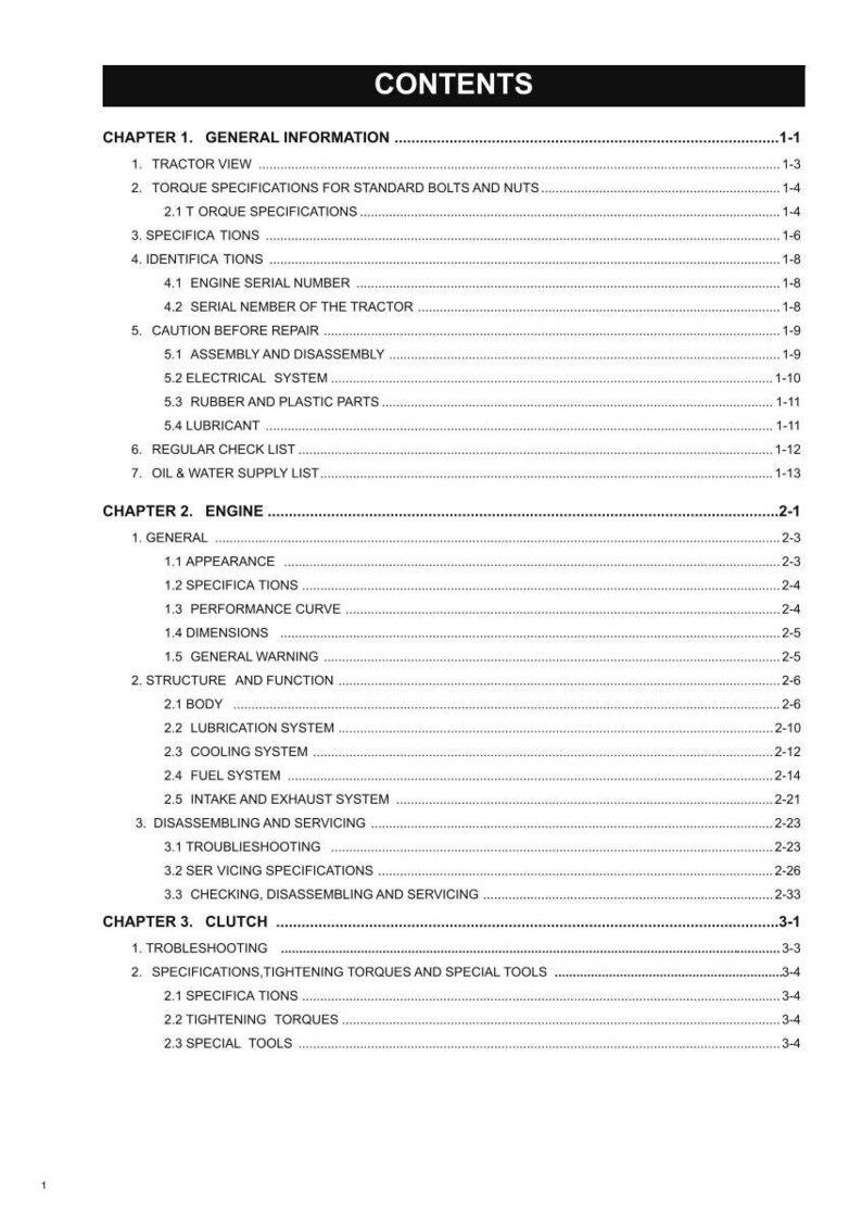 May include: A page from a manual titled "CONTENTS" with a black header. The table of contents lists chapters on general information, engine, and clutch, with subtopics like specifications and troubleshooting.