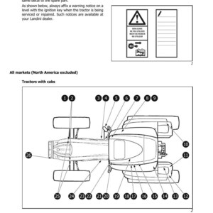 May include: Diagram of a tractor with cab, labeled with numbers. The image includes safety warning signs and text in multiple languages. The diagram is for tractors with cabs, excluding North America.