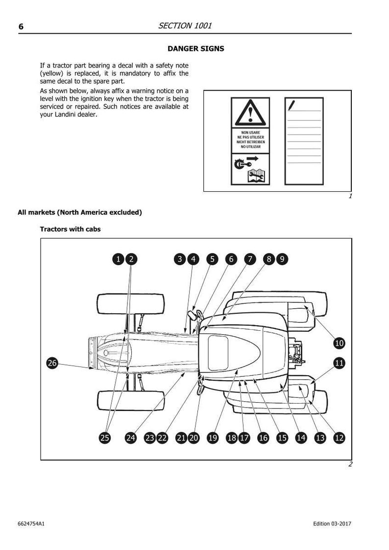 May include: Diagram of a tractor with cab, labeled with numbers. The image includes safety warning signs and text in multiple languages. The diagram is for tractors with cabs, excluding North America.