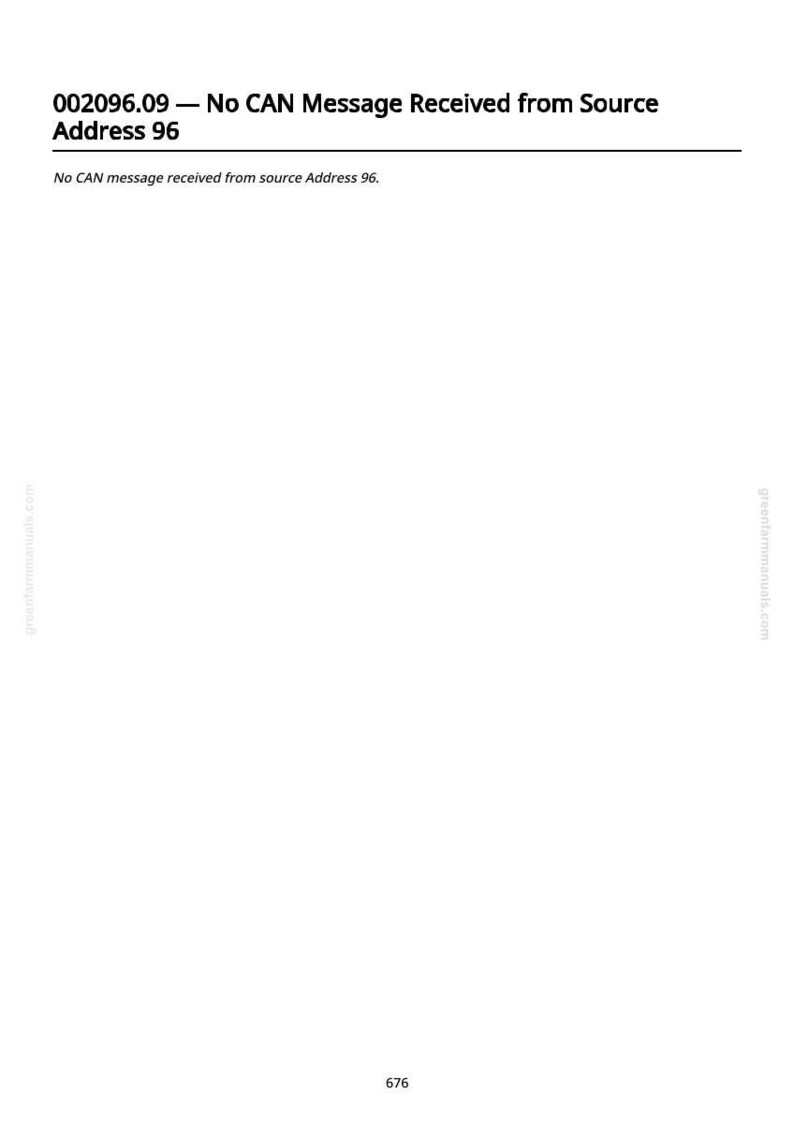May include: A white page with the text "002096.09 - No CAN Message Received from Source Address 96" and "No CAN message received from source Address 96." The website address greenfarmmanuals.com is visible.