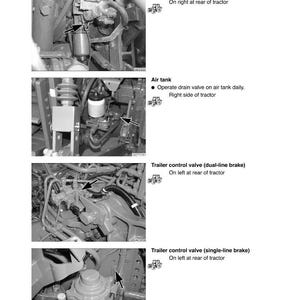 May include: Diagram of a tractor's air compressor system, including the pressure regulator, air tank, and trailer control valves. The diagram shows the location of each component on the tractor.