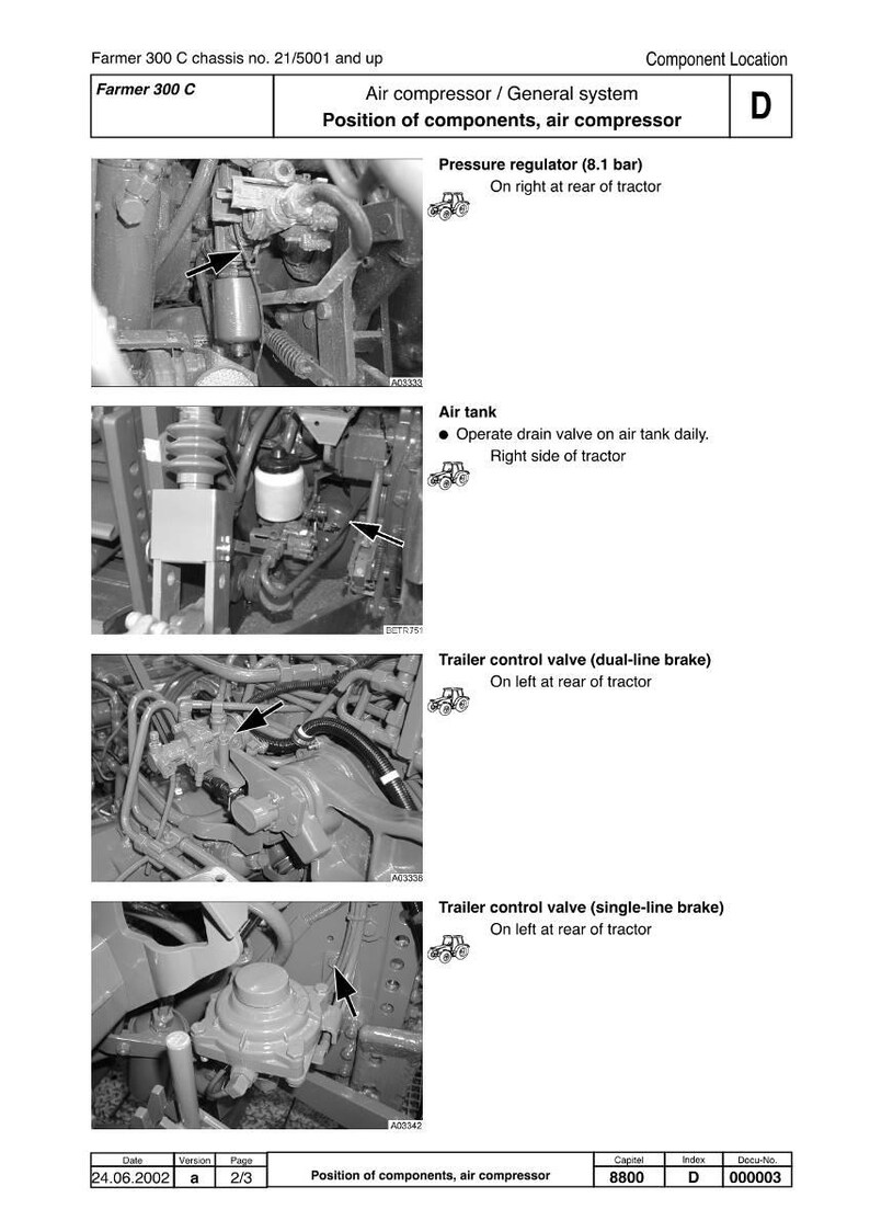 May include: Diagram of a tractor's air compressor system, including the pressure regulator, air tank, and trailer control valves. The diagram shows the location of each component on the tractor.