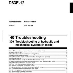 May include: A shop manual for a Komatsu D63E-12 bulldozer. The manual includes troubleshooting information for hydraulic and mechanical systems, with a table of failure modes and causes. The serial number is 2001 and up.