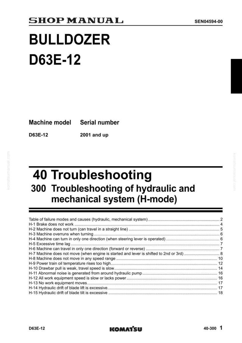 May include: A shop manual for a Komatsu D63E-12 bulldozer. The manual includes troubleshooting information for hydraulic and mechanical systems, with a table of failure modes and causes. The serial number is 2001 and up.