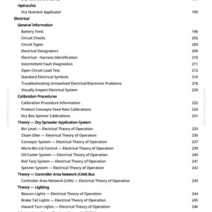 Pode incluir: Uma p&aacute;gina de manual com um &iacute;ndice. Os t&oacute;picos incluem "Unidades de Controle Eletr&ocirc;nico", "Hidr&aacute;ulica" e "El&eacute;trico". Os n&uacute;meros das p&aacute;ginas est&atilde;o &agrave; direita. O manual &eacute; para equipamentos agr&iacute;colas.
