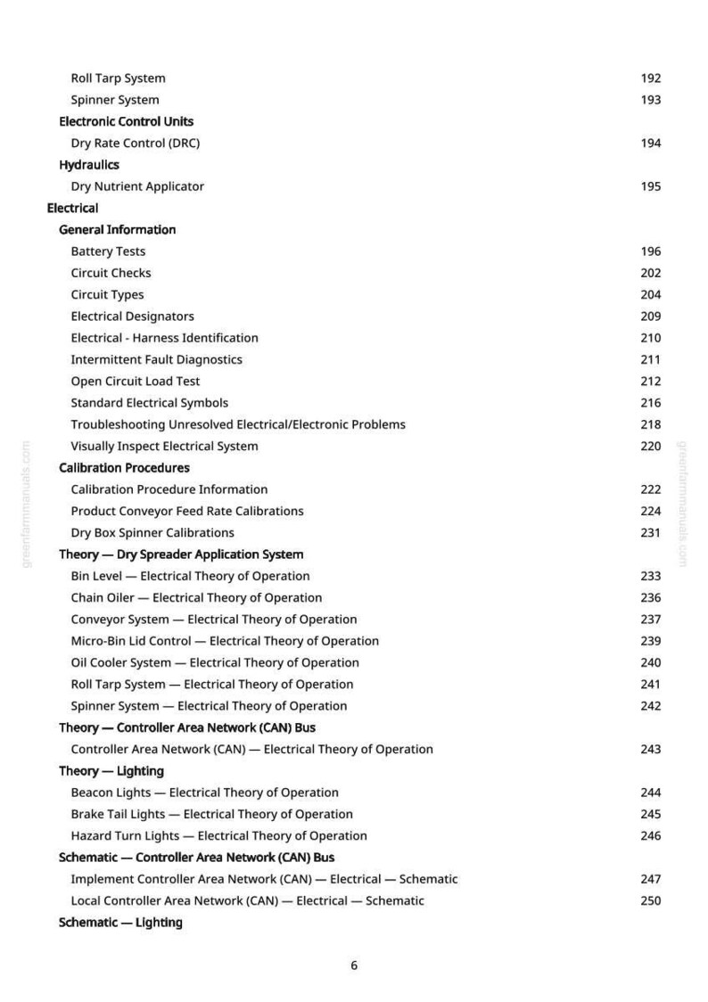 Pode incluir: Uma p&aacute;gina de manual com um &iacute;ndice. Os t&oacute;picos incluem "Unidades de Controle Eletr&ocirc;nico", "Hidr&aacute;ulica" e "El&eacute;trico". Os n&uacute;meros das p&aacute;ginas est&atilde;o &agrave; direita. O manual &eacute; para equipamentos agr&iacute;colas.