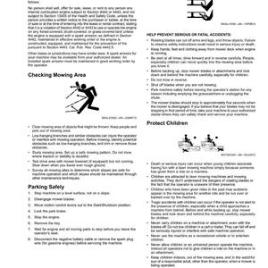 Op de afbeelding: Een pagina uit de veiligheidshandleiding met waarschuwingen over het gebruik van grasmaaiers. Het bevat instructies over het gebruik van een vonkenvanger, het controleren van het maaigebied en veilig parkeren. Er staan ook waarschuwingen over draaiende messen en het beschermen van kinderen.