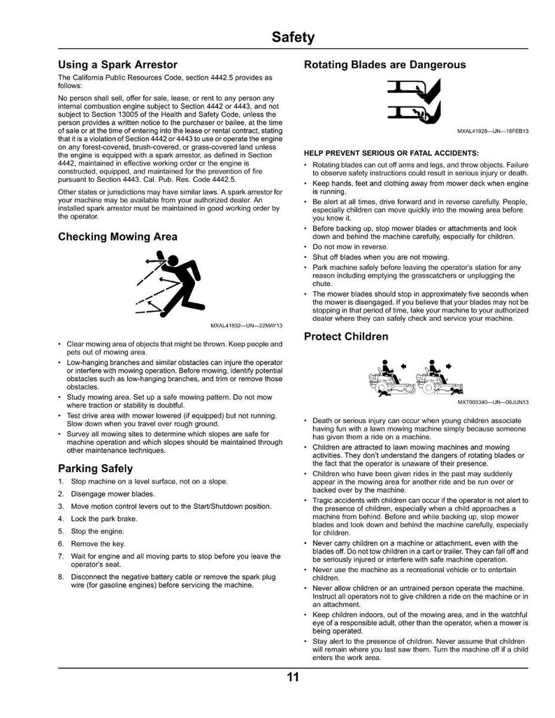 Op de afbeelding: Een pagina uit de veiligheidshandleiding met waarschuwingen over het gebruik van grasmaaiers. Het bevat instructies over het gebruik van een vonkenvanger, het controleren van het maaigebied en veilig parkeren. Er staan ook waarschuwingen over draaiende messen en het beschermen van kinderen.