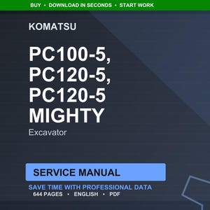 May include: A digital service manual for Komatsu excavators, including PC100-5, PC120-5, and PC120-5 MIGHTY models. The manual is in English, contains 644 pages, and is available in PDF format.