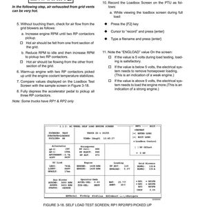 May include: A technical document page with instructions and a self-load test screen diagram. The page includes warnings, numbered steps for checking air flow, and recording loadbox screen data. The diagram displays engine and alternator data.