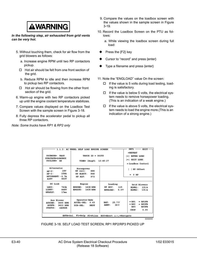 May include: A technical document page with instructions and a self-load test screen diagram. The page includes warnings, numbered steps for checking air flow, and recording loadbox screen data. The diagram displays engine and alternator data.