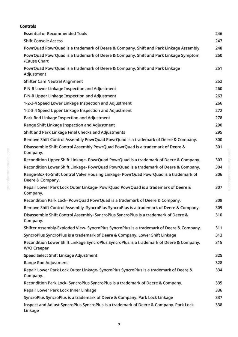 May include: A manual page detailing machinery controls and adjustments. Text includes "Shift Console Access," "Linkage Inspection," and "Assembly." The page number is 7.