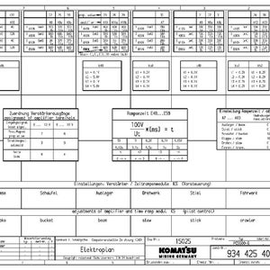 Peut inclure: Sch&eacute;ma technique avec texte et tableaux, pr&eacute;sentant des mesures et des sp&eacute;cifications. Le sch&eacute;ma comprend le logo Komatsu Mining Germany et divers termes techniques li&eacute;s aux composants &eacute;lectriques et aux machines.