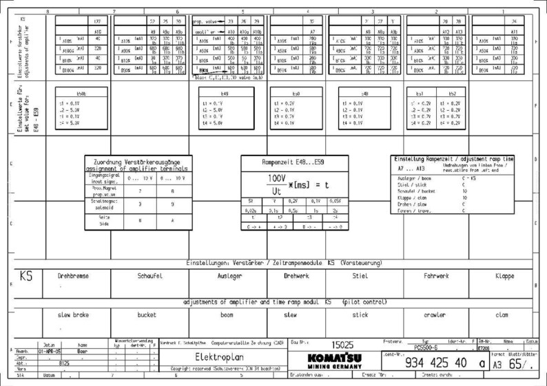 Peut inclure: Sch&eacute;ma technique avec texte et tableaux, pr&eacute;sentant des mesures et des sp&eacute;cifications. Le sch&eacute;ma comprend le logo Komatsu Mining Germany et divers termes techniques li&eacute;s aux composants &eacute;lectriques et aux machines.