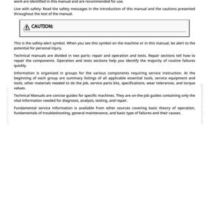May include: A white manual page with the title "Foreword" and text about technical manuals. Includes a "CAUTION" symbol and safety information. The page also contains information about repair and operation.