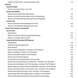 May include: A detailed contents page from a manual, listing agricultural equipment repair and maintenance procedures. Topics include air systems, electrical components, and ground tools. The text is black on a white background.
