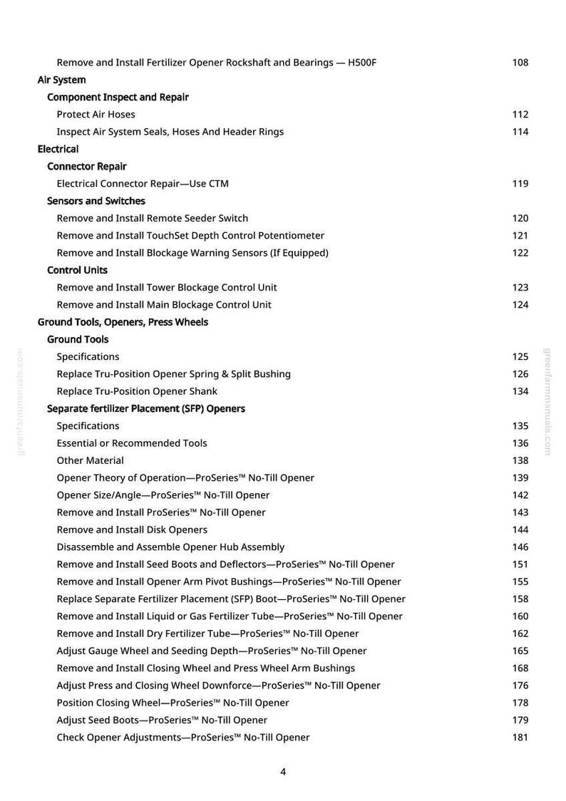 May include: A detailed contents page from a manual, listing agricultural equipment repair and maintenance procedures. Topics include air systems, electrical components, and ground tools. The text is black on a white background.