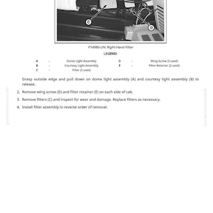 K&ouml;nnte beinhalten: Diagramm einer rechten Filterbaugruppe mit Beschriftungen f&uuml;r Innenleuchte, Innenraumleuchte, Filter, Fl&uuml;gelmutter und Filterhalter. Anweisungen zum Aus- und Einbau des Filters.