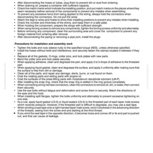 Peut inclure: Page d'un manuel Komatsu avec des consignes de s&eacute;curit&eacute; pour l'op&eacute;ration, le d&eacute;montage et l'assemblage de machines. Le texte noir sur fond blanc, avec des puces et des titres. Le document comprend un logo Komatsu et des num&eacute;ros de pi&egrave;ces.