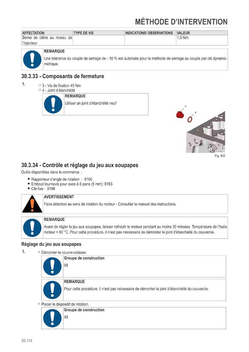 May include: A technical diagram with instructions for engine maintenance. The document includes text, diagrams, and warnings. It details procedures for components, including valve adjustments and tightening torques. The image is a detailed guide for automotive repair.