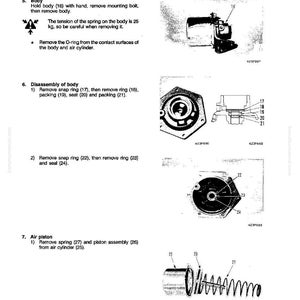 May include: A page from a manual detailing the disassembly and assembly of a brake chamber. The text includes instructions for removing parts like the body, snap rings, and air piston. Diagrams illustrate each step with numbered components.
