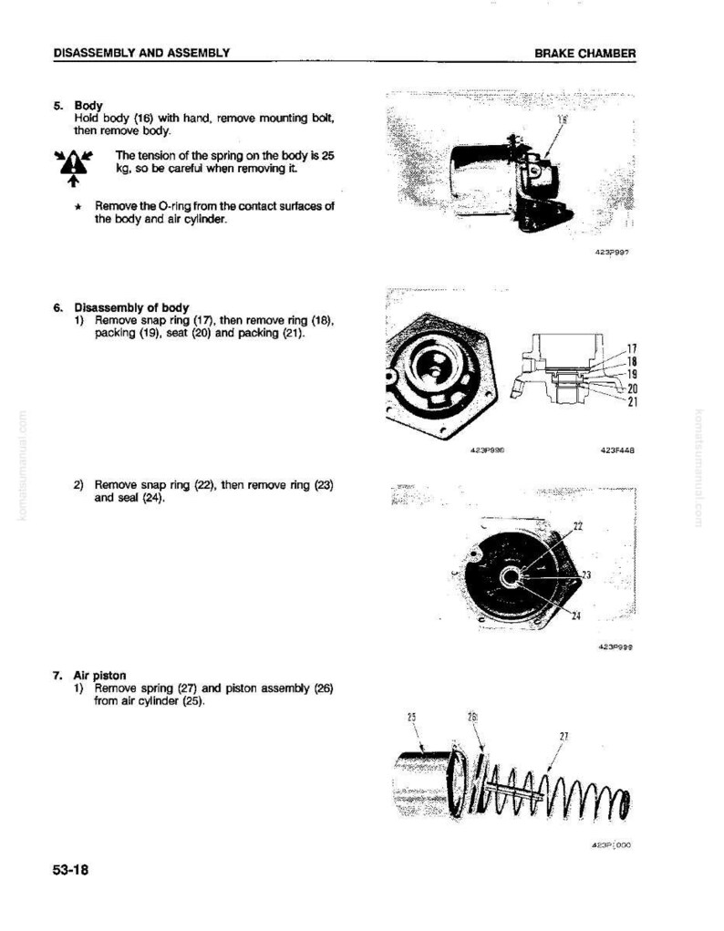 May include: A page from a manual detailing the disassembly and assembly of a brake chamber. The text includes instructions for removing parts like the body, snap rings, and air piston. Diagrams illustrate each step with numbered components.
