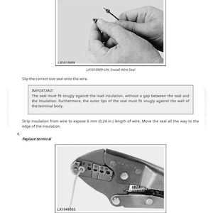 May include: Diagram showing the installation of a wire seal and terminal. The first image shows a hand installing a small seal onto a wire. The second image shows a crimping tool with a wire and terminal. Text includes "Install wire seal" and "Replace terminal".
