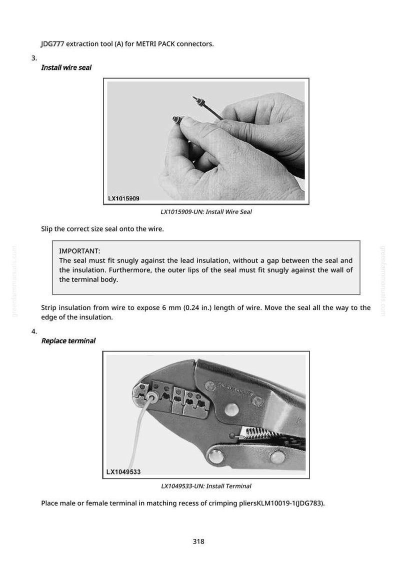 May include: Diagram showing the installation of a wire seal and terminal. The first image shows a hand installing a small seal onto a wire. The second image shows a crimping tool with a wire and terminal. Text includes "Install wire seal" and "Replace terminal".