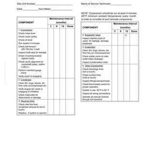 May include: A white preventative maintenance schedule for an AC system, with sections for components, maintenance intervals, and check boxes. Includes sections for the compressor, condenser, and expansion valve.
