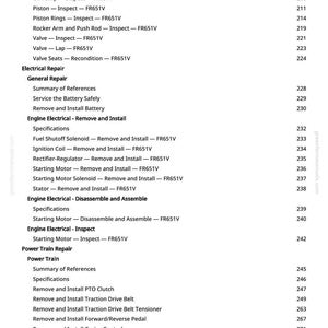 May include: A page from a manual with a list of engine repair procedures, including cylinder bore inspection, valve repair, and electrical system maintenance. The text is black on a white background.