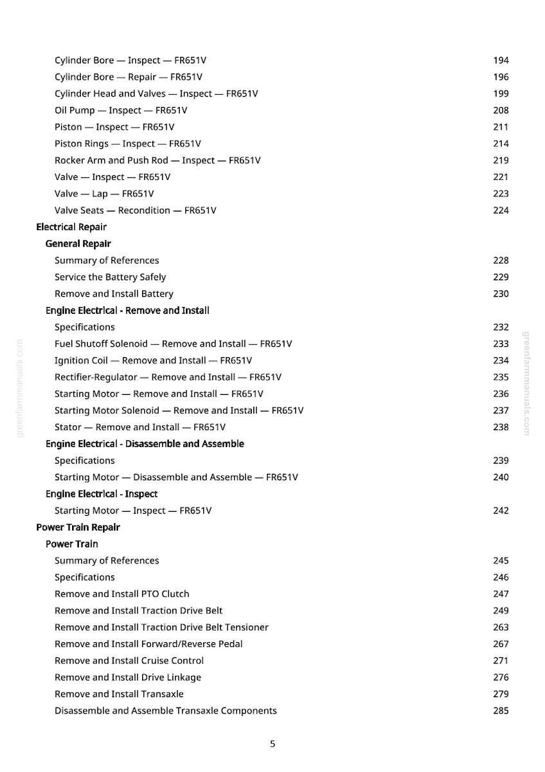 May include: A page from a manual with a list of engine repair procedures, including cylinder bore inspection, valve repair, and electrical system maintenance. The text is black on a white background.