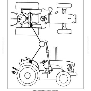 Puede incluir: Dibujo lineal de un tractor, con vistas superior y lateral. La imagen incluye una tabla con c&oacute;digos de color para verde, gris y azul claro. El texto "PY36323-UN: X113 Location Overview" est&aacute; en la parte inferior.