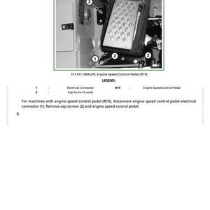 May include: Diagram of an engine speed control pedal (B19) with an electrical connector and cap screws. The image includes labels for the components and instructions for removal.