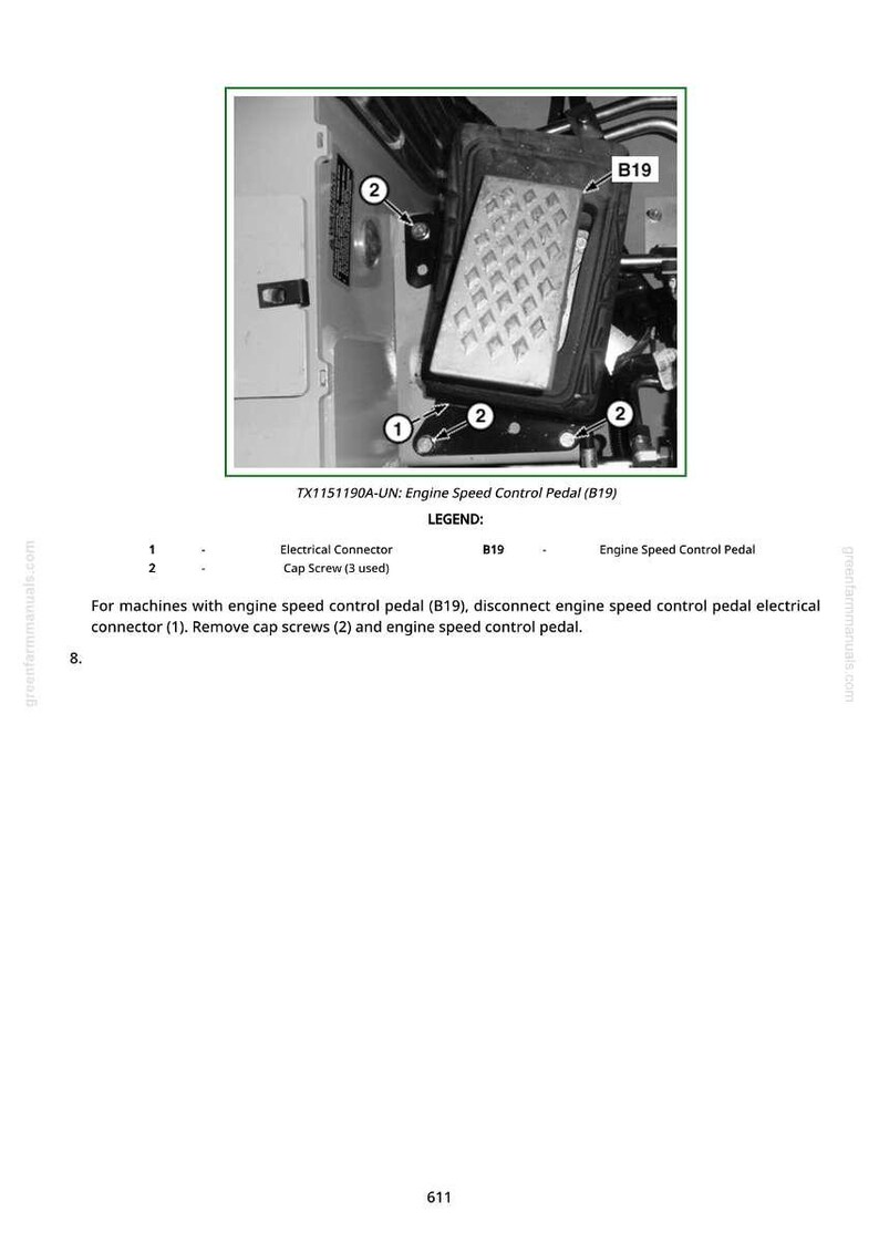 May include: Diagram of an engine speed control pedal (B19) with an electrical connector and cap screws. The image includes labels for the components and instructions for removal.