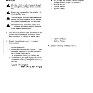 May include: A detailed technical diagram for the removal and installation of a travel damper valve assembly, including step-by-step instructions and safety precautions. Includes diagrams and measurements.