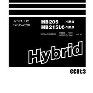 May include: A shop manual with a black and white design. The title "Shop Manual" is at the top. The text "HYDRAULIC EXCAVATOR" is on the left. The word "Hybrid" is in large white letters. The Komatsu logo is at the bottom.
