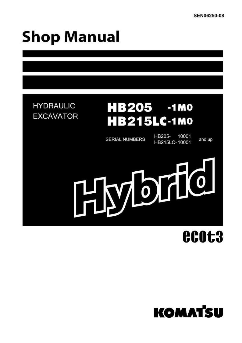 May include: A shop manual with a black and white design. The title "Shop Manual" is at the top. The text "HYDRAULIC EXCAVATOR" is on the left. The word "Hybrid" is in large white letters. The Komatsu logo is at the bottom.
