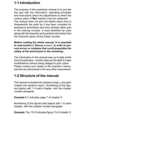 Peut inclure: Une page d'un manuel d'atelier intitul&eacute; &laquo; Sect. 1 - Comment consulter le manuel &raquo;. Le texte explique le but, la structure et les consignes de s&eacute;curit&eacute; du manuel. La page comprend le logo Landini et des exemples de num&eacute;ros de page.