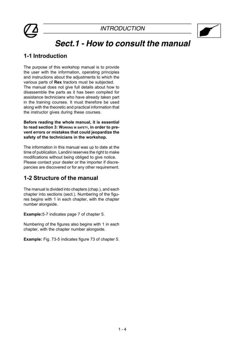 Peut inclure: Une page d'un manuel d'atelier intitul&eacute; &laquo; Sect. 1 - Comment consulter le manuel &raquo;. Le texte explique le but, la structure et les consignes de s&eacute;curit&eacute; du manuel. La page comprend le logo Landini et des exemples de num&eacute;ros de page.