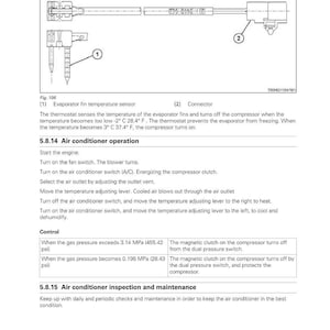 May include: Diagram from a service manual showing the components and operation of a thermostat and air conditioning system. Includes labeled diagrams of the evaporator fin temperature sensor and connector, along with operational instructions.