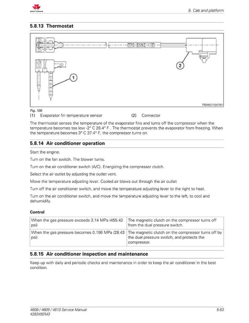 May include: Diagram from a service manual showing the components and operation of a thermostat and air conditioning system. Includes labeled diagrams of the evaporator fin temperature sensor and connector, along with operational instructions.