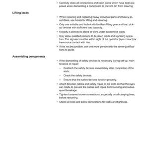 May include: A white document detailing safety regulations, including instructions for dismantling, lifting, and assembling components. The Weidemann logo is visible. The document provides safety guidelines for various procedures.