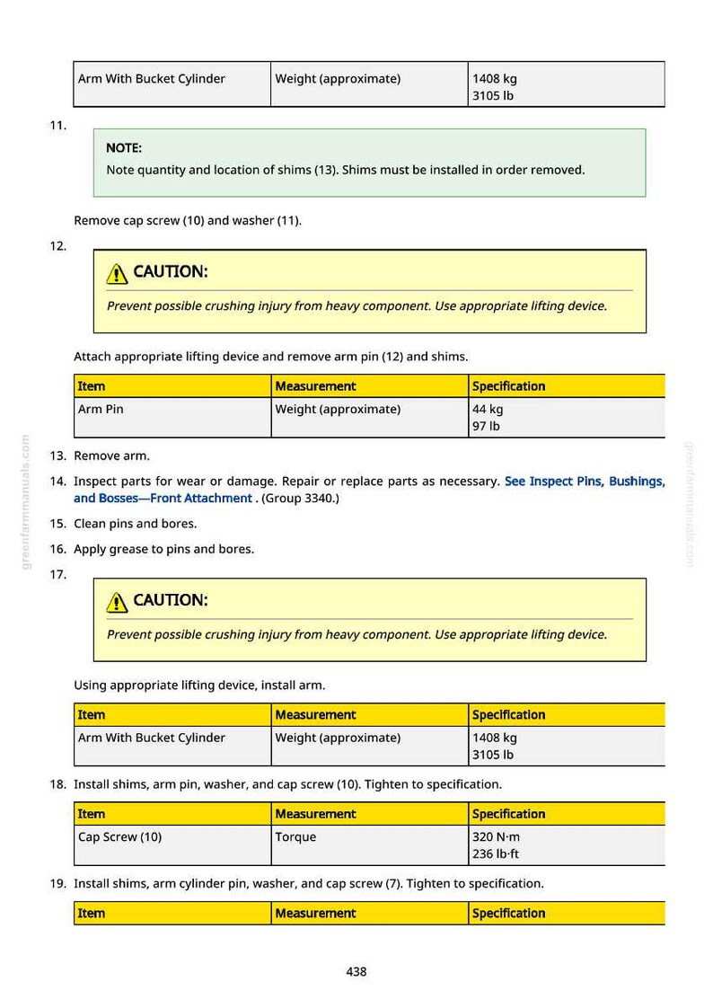 May include: A technical manual page with instructions for machinery maintenance. It includes safety warnings, measurements in pounds and inches, and steps for removing and installing parts like arm pins and cap screws.