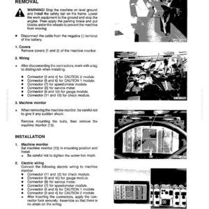 May include: A page from a machine monitor repair manual with text and diagrams. The text includes instructions for removal, installation, and wiring. Diagrams show components and their placement. The page is titled "Disassembly and Assembly" and "Machine Monitor Removal".