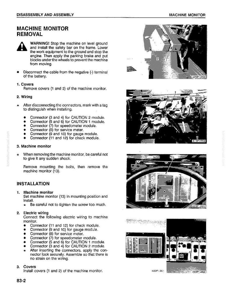 May include: A page from a machine monitor repair manual with text and diagrams. The text includes instructions for removal, installation, and wiring. Diagrams show components and their placement. The page is titled "Disassembly and Assembly" and "Machine Monitor Removal".