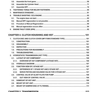 May include: A detailed table of contents from a manual, with sections on engine components, troubleshooting, and transmission systems. The text is black on a white background, with page numbers.