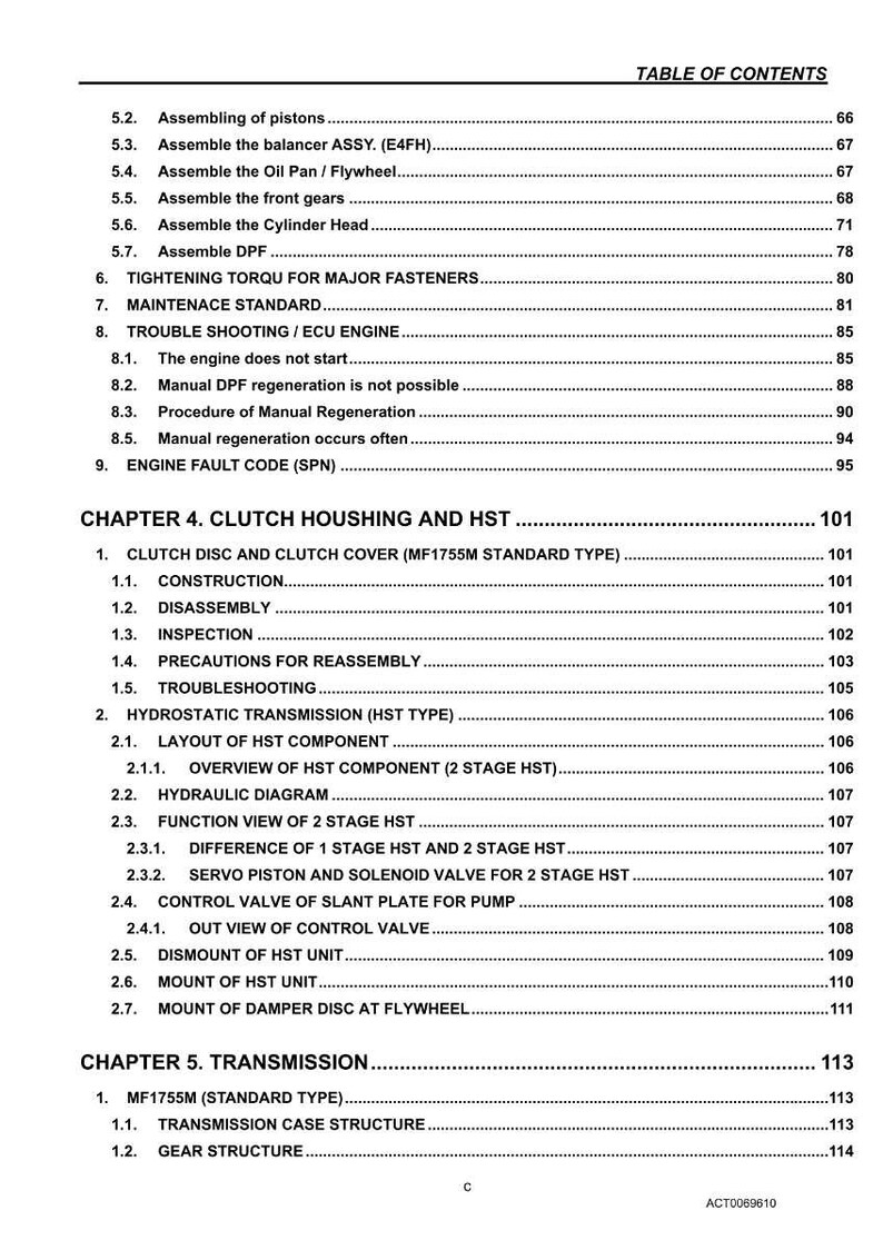 May include: A detailed table of contents from a manual, with sections on engine components, troubleshooting, and transmission systems. The text is black on a white background, with page numbers.