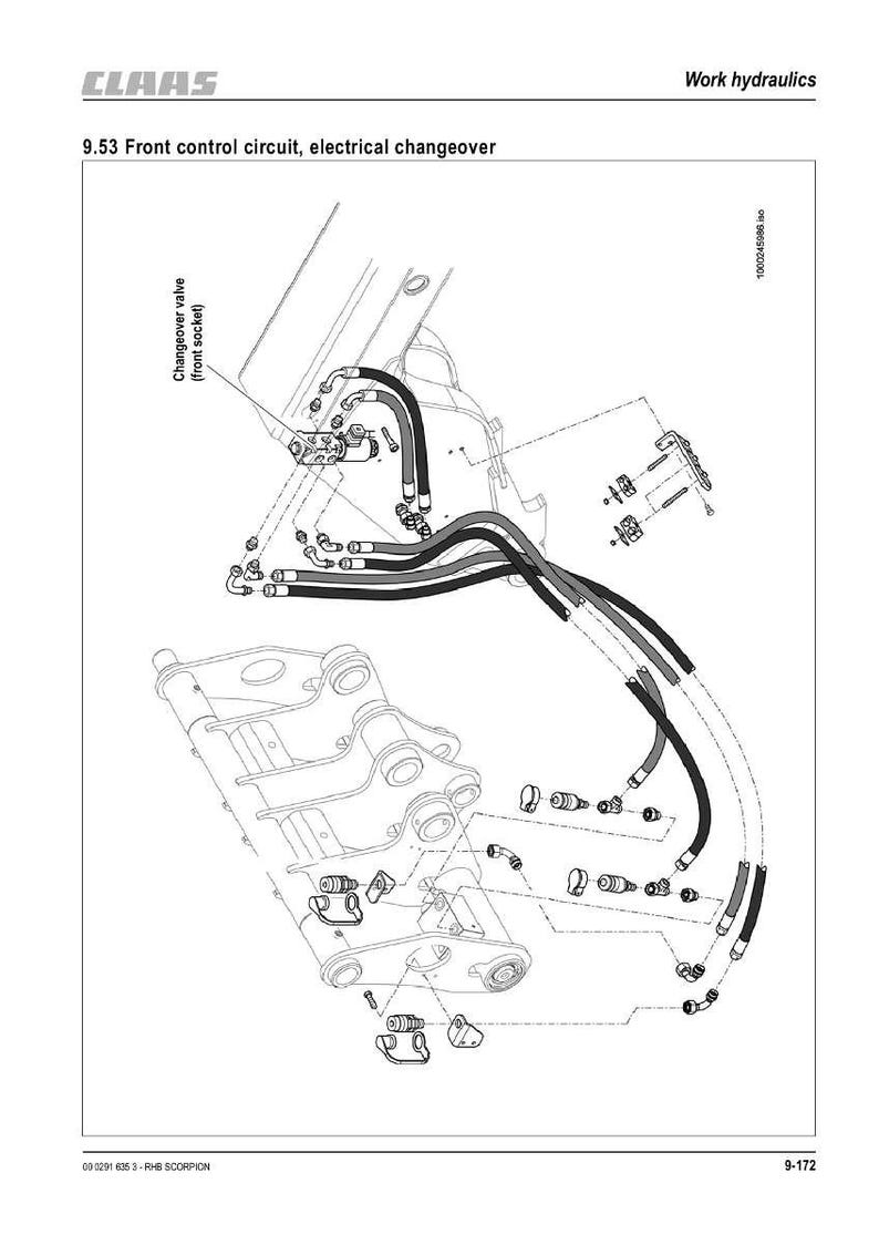 May include: Diagram of a front control circuit with electrical changeover, featuring a CLAAS logo and the text "Work hydraulics." The diagram includes various components, including a changeover valve and multiple hoses.