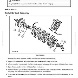 May include: Diagram of a pre-cylinder shaft assembly with labels A, B, C, D, and E1. The diagram includes a warning about the weight of the pre-cylinder. Measurements are in millimeters.