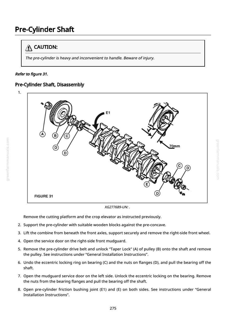 May include: Diagram of a pre-cylinder shaft assembly with labels A, B, C, D, and E1. The diagram includes a warning about the weight of the pre-cylinder. Measurements are in millimeters.